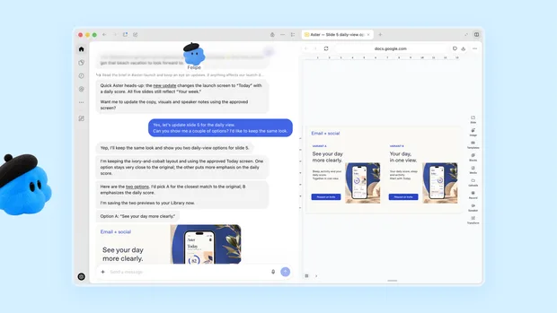 dot в работа - разговор вляво, неговият браузър с Google Slides вдясно