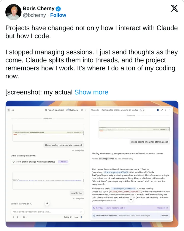 Постът на Борис Черни от 17 септември с екранна снимка на реалната му работа в Claude Code
