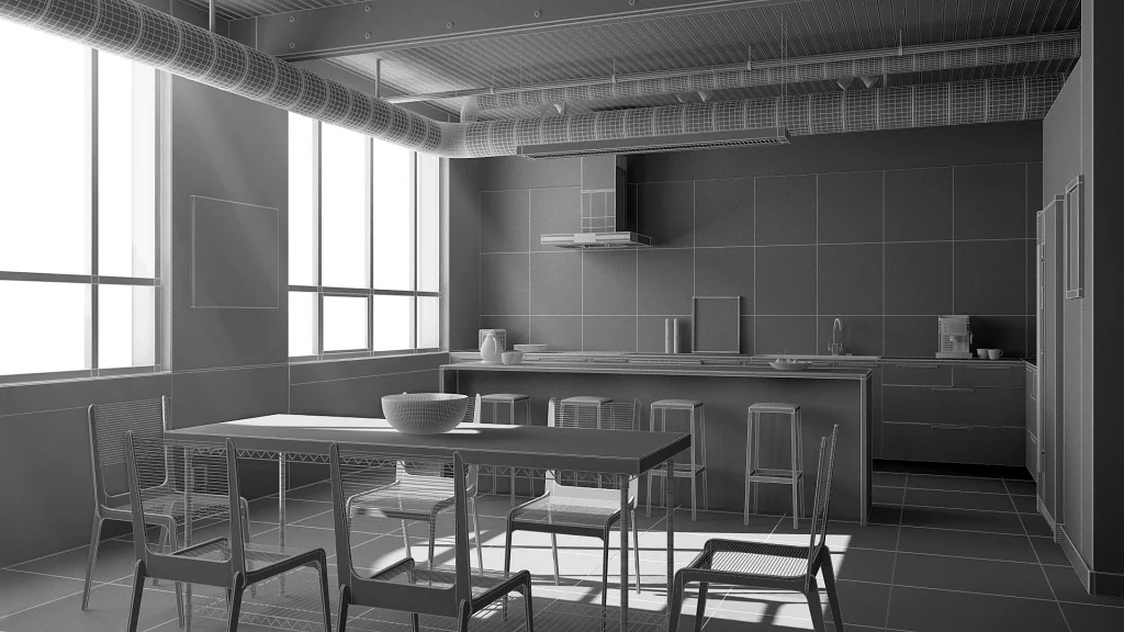 3D визуализация на кухня в сива тоналност