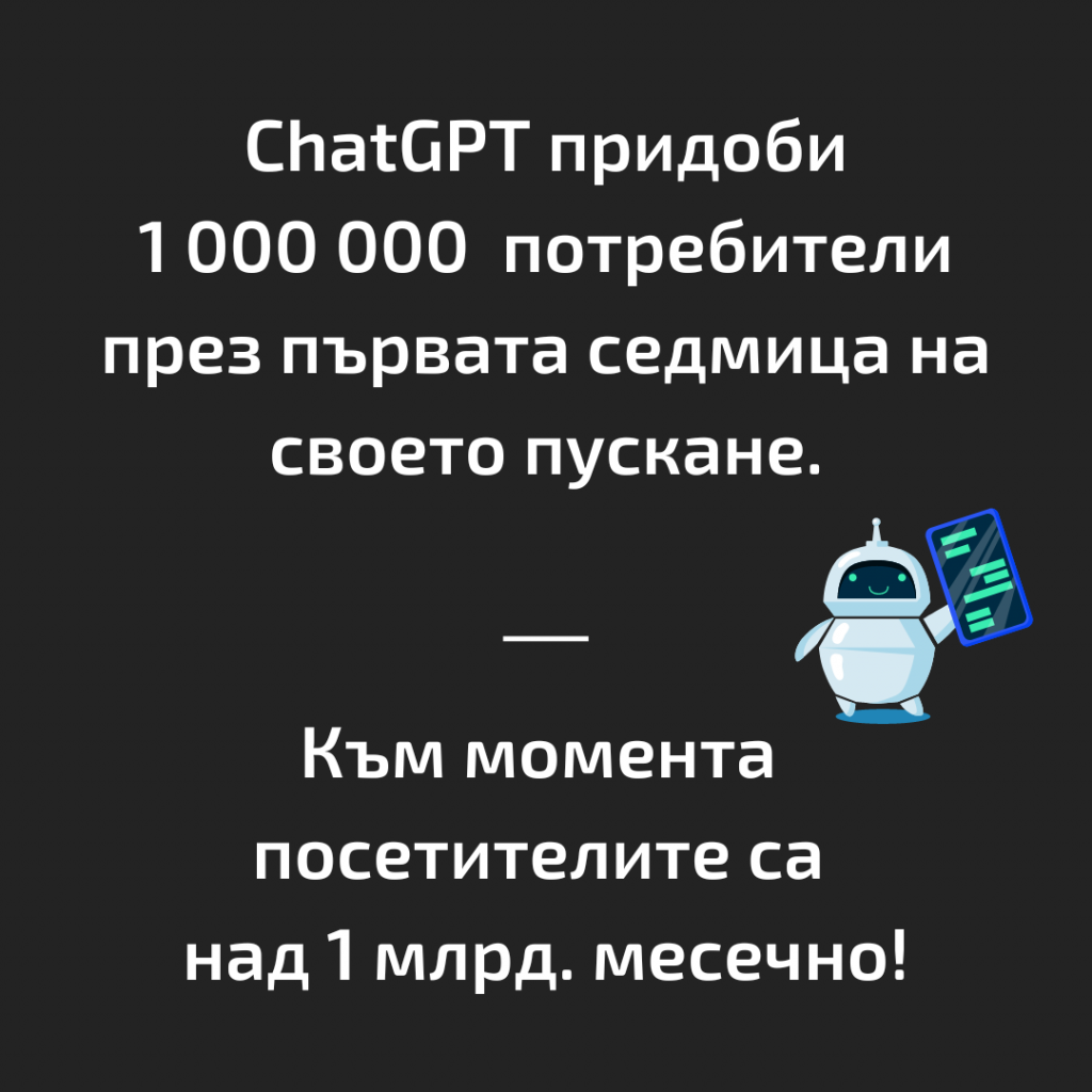Изображение с текст - данни за Chat GPT: 1 000 000 потребители през първата седмица на пускането на Chat GPT. Посетители към този момент - над 1млрд. месечно