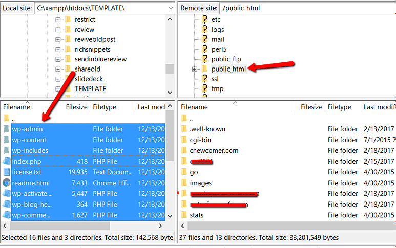 разархивиране на файла и качване в категорията public_html на FTP