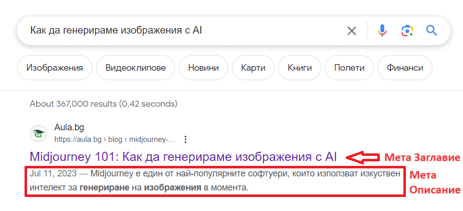 мета заглавие и мета описание в резултатите от търсене в google