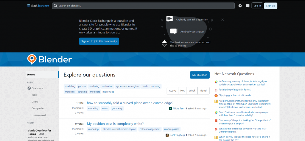 blender stack exchange - екранна снимка на форум за въпроси и отговори, където потребителите могат да задават конкретни въпроси свързани с Blender и да получават отговори от общността - - ресурси за blender