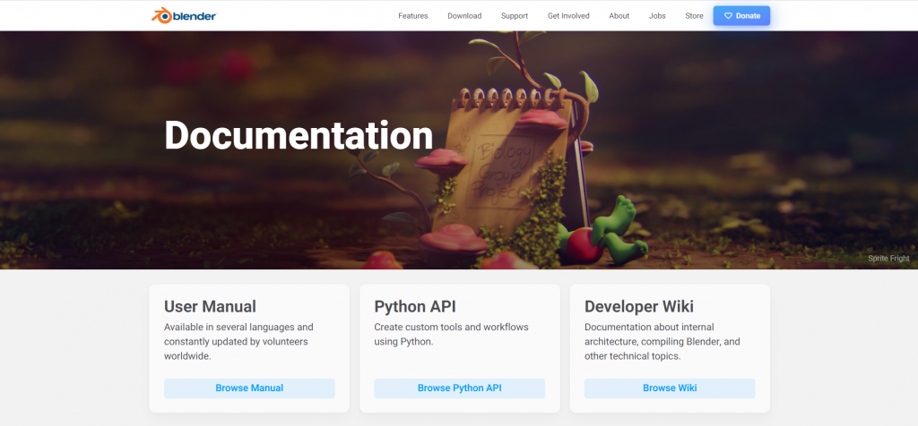 Екранна снимка от сайта на официалната документация на Blender - ресурси за blender