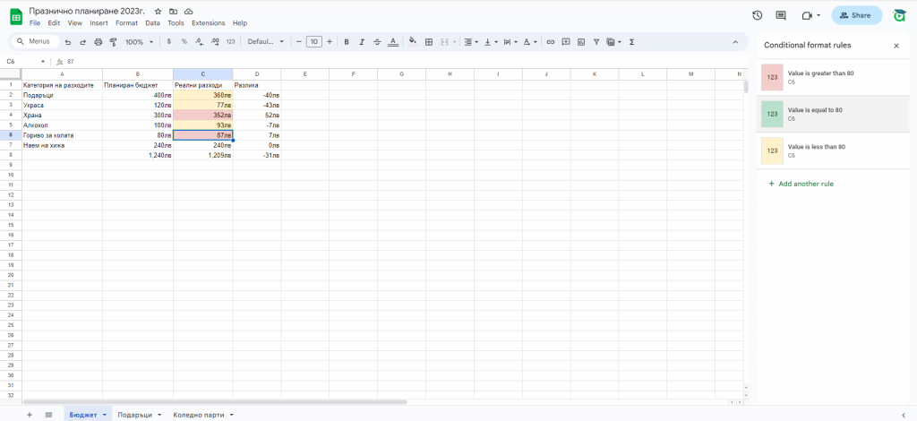 Excel за планиране на празници - условно форматиране