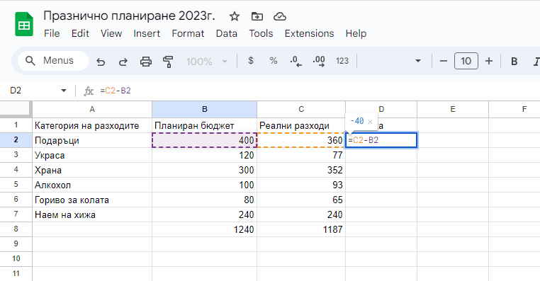 Excel за планиране на празници - разлика между планиран и изразходен бюджет