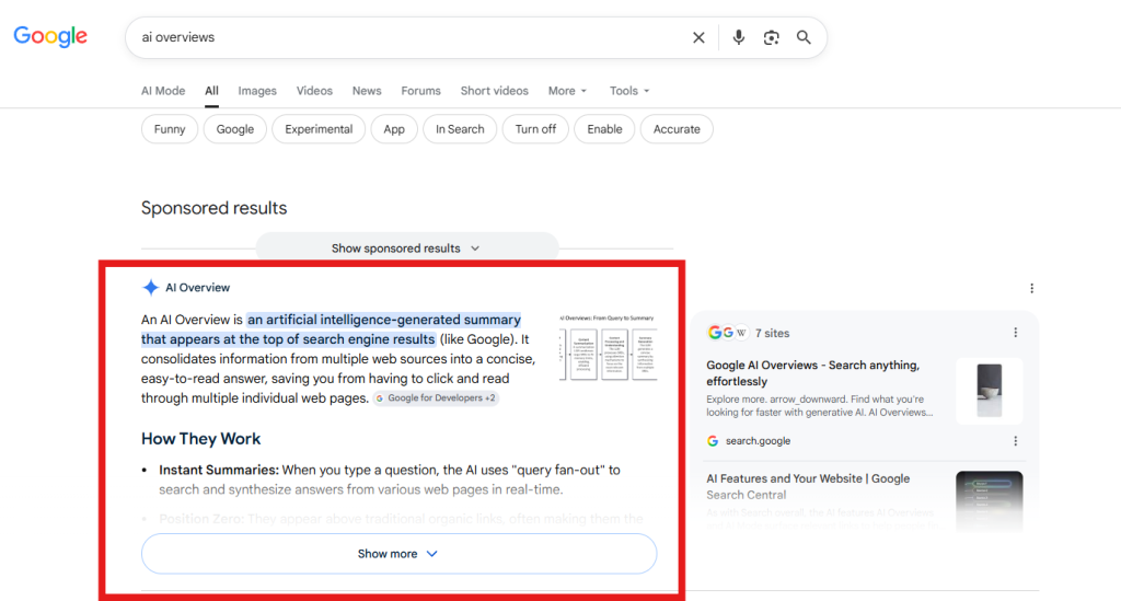 Пример за AI Overview в Google с автоматично генериран отговор
